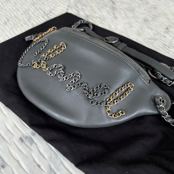 Authentic Chanel Grey Calfskin Leather Three-tone Metal Chain Signs Waist Bag - Picture 5 of 12